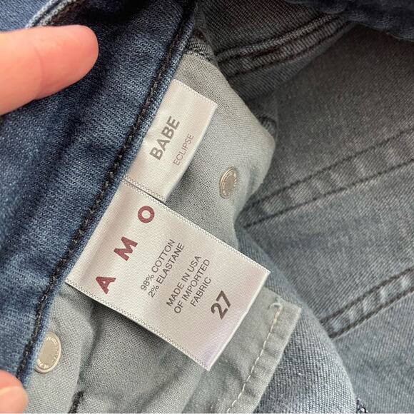 AMO Women’s Dark Wash Babe Jeans Eclipse Denim Raw Hem High Rise Blue Button Fly - Picture 10 of 11